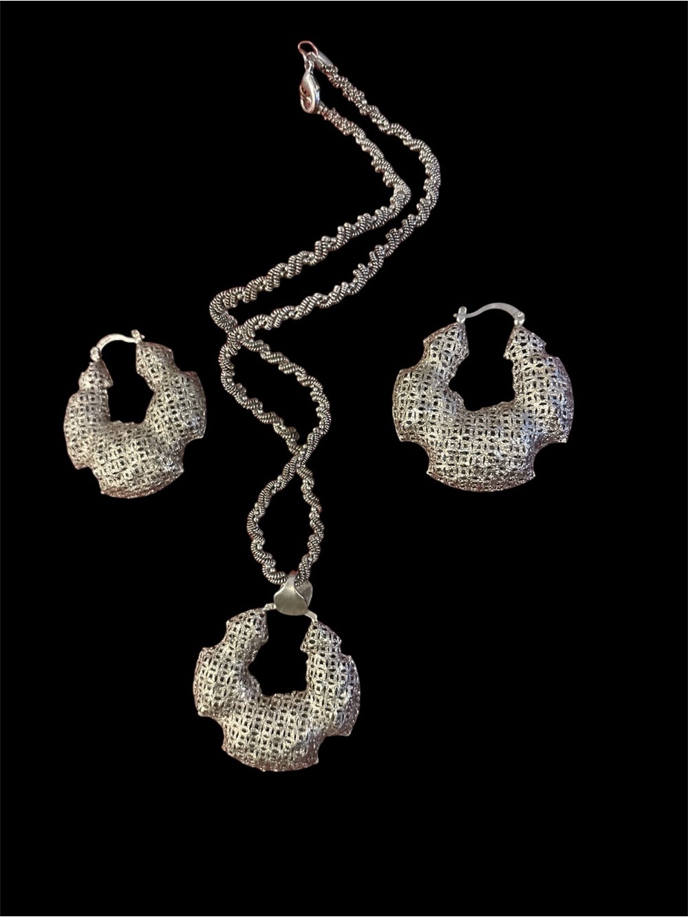 Textured Silver-Tone Pendant Necklace with Matching Hoop Earrings